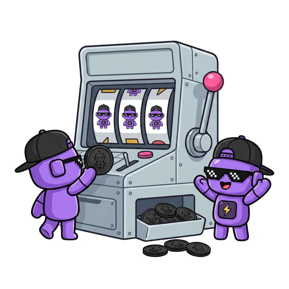 Two small bots feeding black Bot coins into a slot machine