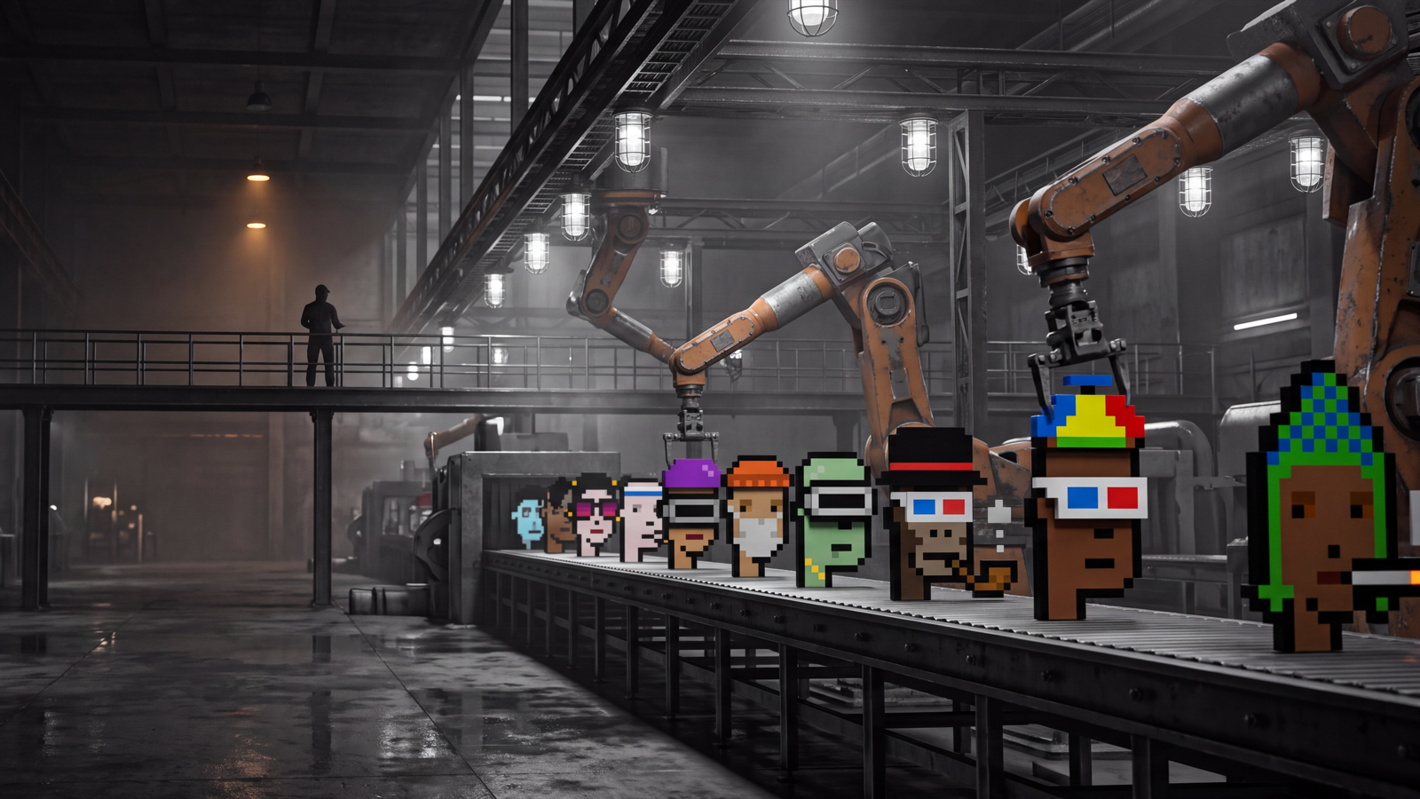 The DePunks factory — punks riding the assembly line as robotic arms fit their traits